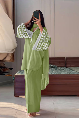 Dusty Green Natural Satin Embroidered Suit Set with Farshi Plazzo & Lace Border Dupatta ClothsVilla