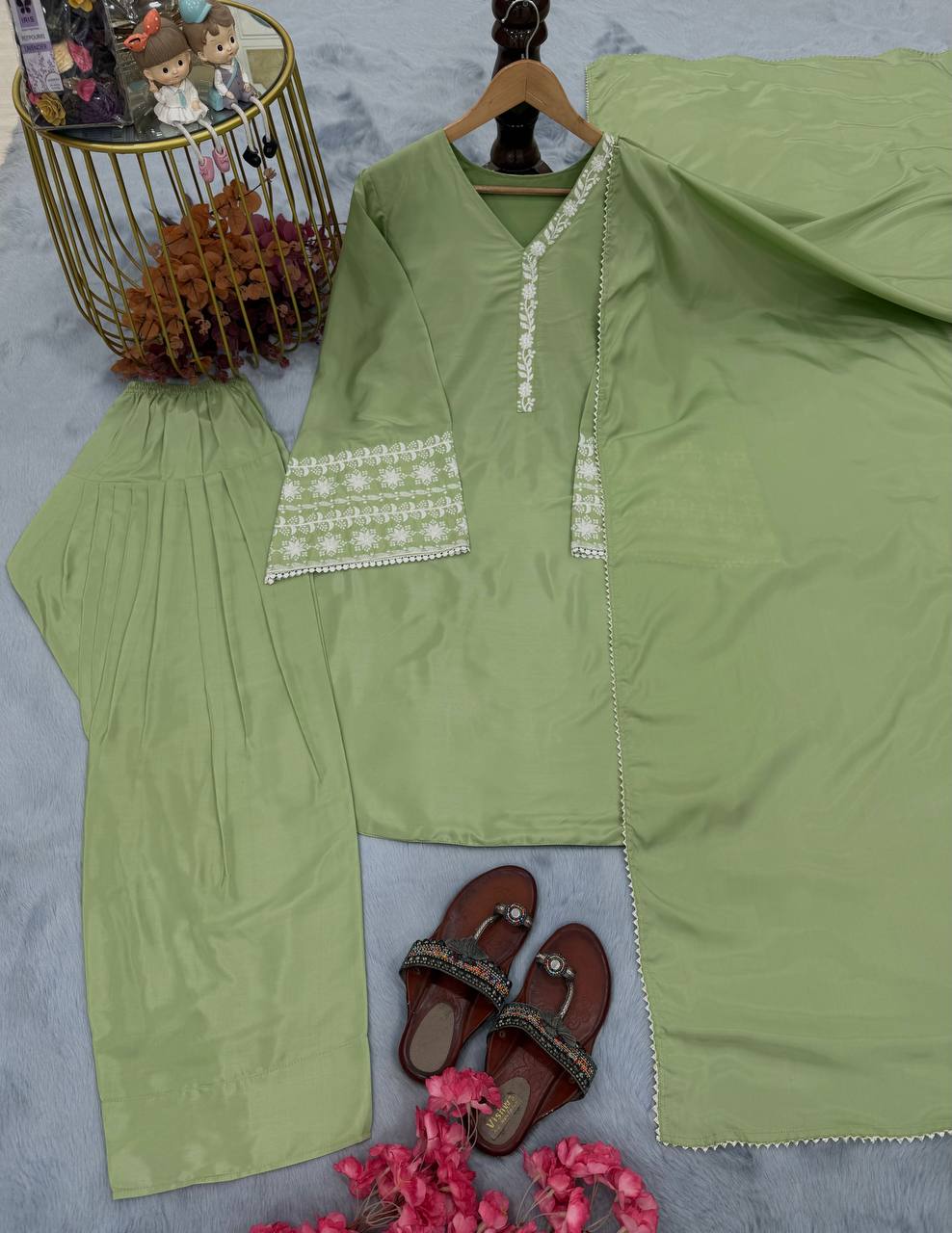 Dusty Green Natural Satin Embroidered Suit Set with Farshi Plazzo & Lace Border Dupatta ClothsVilla
