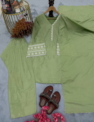 Dusty Green Natural Satin Embroidered Suit Set with Farshi Plazzo & Lace Border Dupatta ClothsVilla