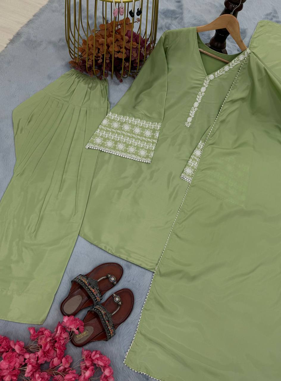 Dusty Green Natural Satin Embroidered Suit Set with Farshi Plazzo & Lace Border Dupatta ClothsVilla