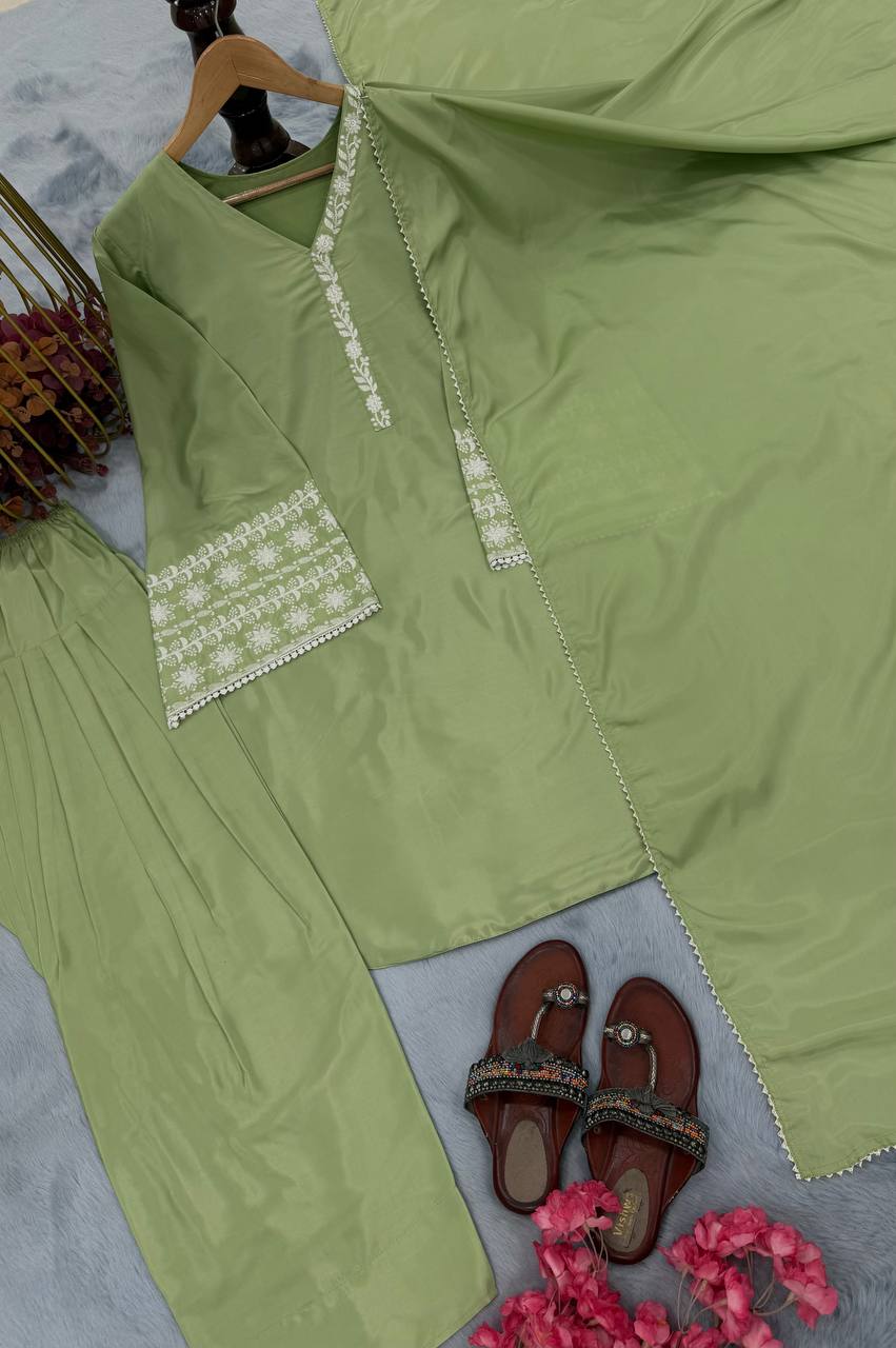 Dusty Green Natural Satin Embroidered Suit Set with Farshi Plazzo & Lace Border Dupatta ClothsVilla