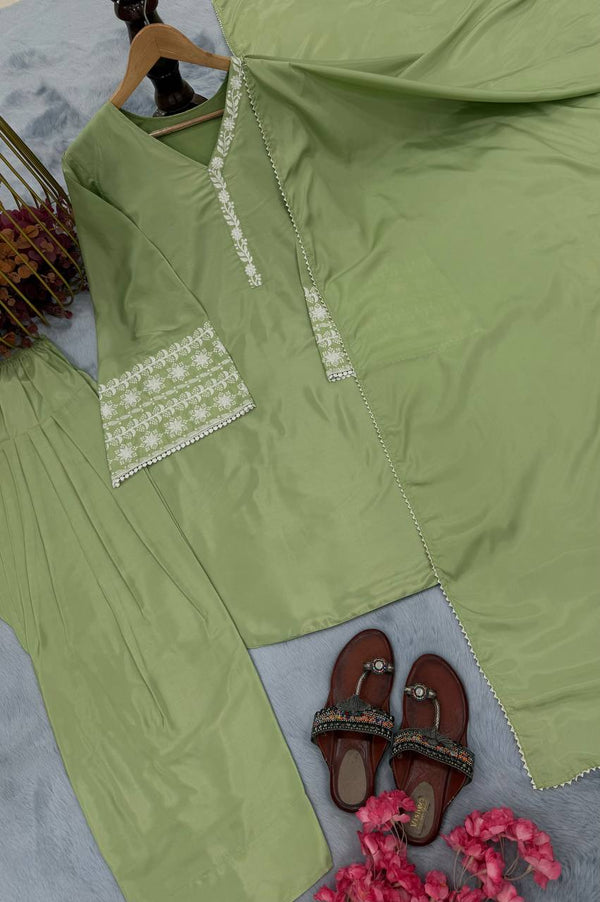 Dusty Green Natural Satin Embroidered Suit Set with Farshi Plazzo & Lace Border Dupatta ClothsVilla