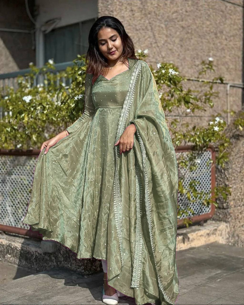 Dusty Green Premium Designer Party Wear Pur Twil Gold Net Anarkali Gown, Dupatta Set – Elegant Festive Look ClothsVilla