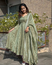 Load image into Gallery viewer, Dusty Green Premium Designer Party Wear Pur Twil Gold Net Anarkali Gown, Dupatta Set – Elegant Festive Look ClothsVilla