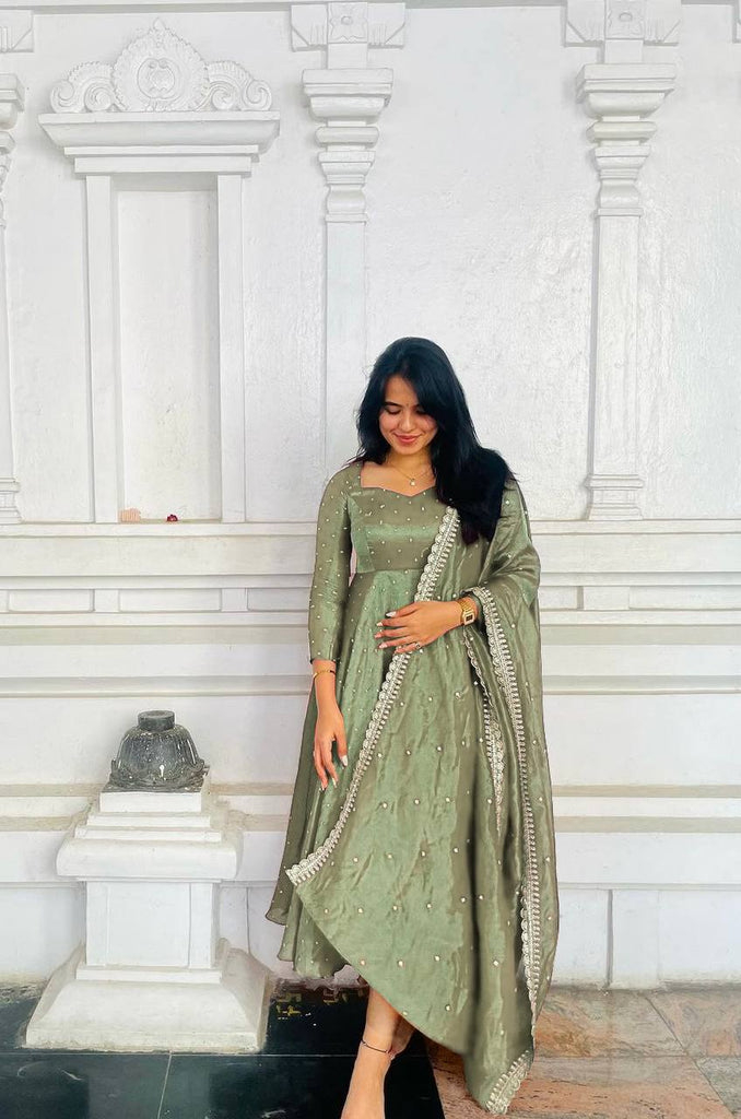 Dusty Green Premium Designer Party Wear Pur Twil Gold Net Anarkali Gown, Dupatta Set – Elegant Festive Look ClothsVilla