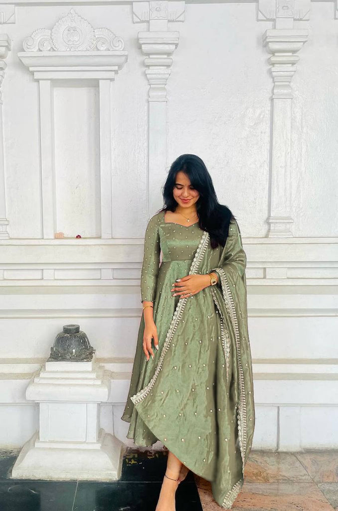 Dusty Green Premium Designer Party Wear Pur Twil Gold Net An Dusty Green Premium Designer Party Wear Pur Twil Gold Net An
