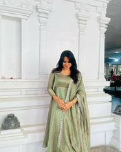 Load image into Gallery viewer, Dusty Green Premium Designer Party Wear Pur Twil Gold Net Anarkali Gown, Dupatta Set – Elegant Festive Look ClothsVilla