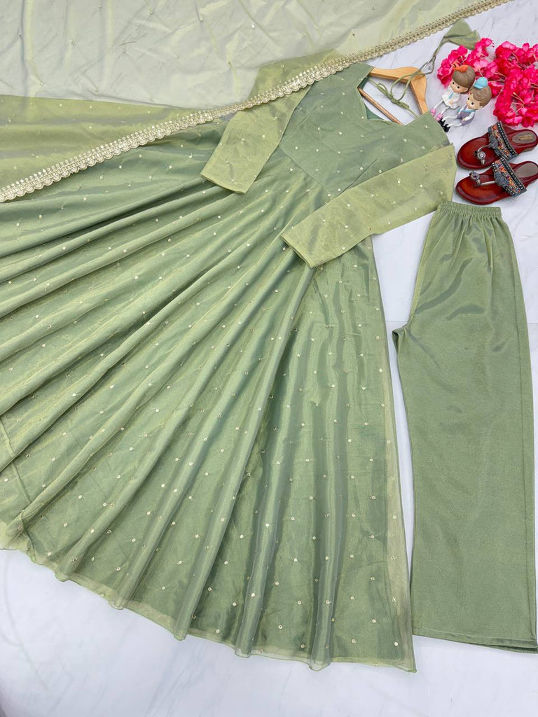 Dusty Green Premium Designer Party Wear Pur Twil Gold Net Anarkali Gown, Dupatta Set – Elegant Festive Look ClothsVilla