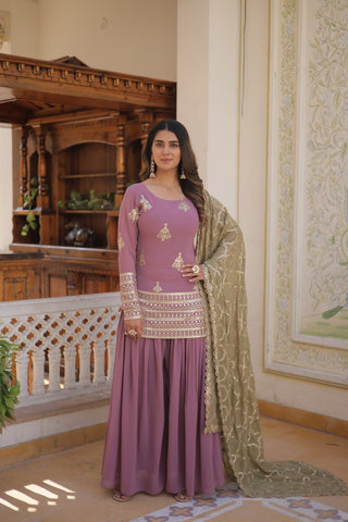 Dusty Lavender Stunning Faux Georgette Kurti-Palazzo-Dupatta Set with Sequin & Thread Embroidery ClothsVilla