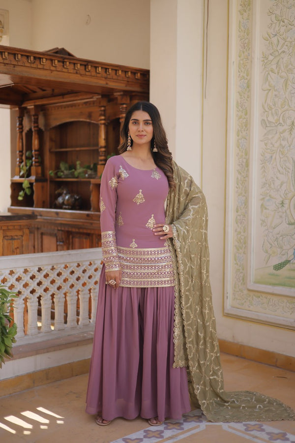 Dusty Lavender Stunning Faux Georgette Kurti-Palazzo-Dupatta Set with Sequin & Thread Embroidery ClothsVilla
