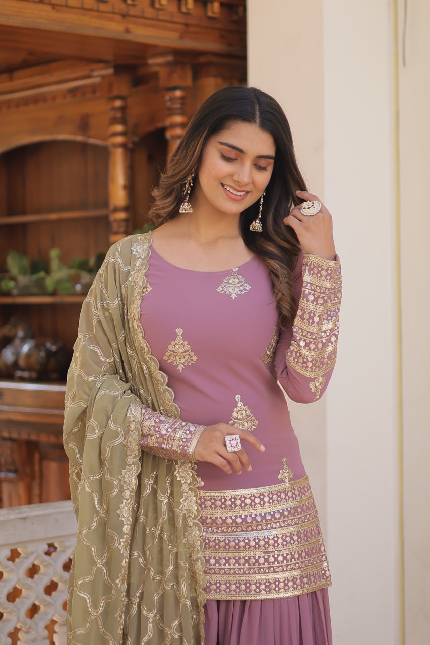 Dusty Lavender Stunning Faux Georgette Kurti-Palazzo-Dupatta Set with Sequin & Thread Embroidery ClothsVilla