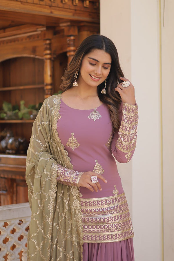 Dusty Lavender Stunning Faux Georgette Kurti-Palazzo-Dupatta Set with Sequin & Thread Embroidery ClothsVilla