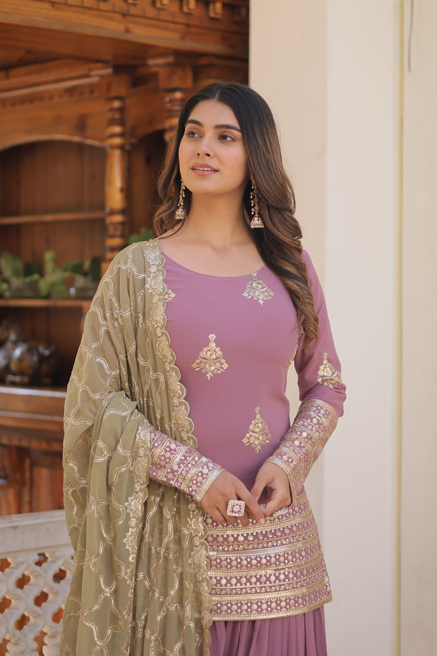 Dusty Lavender Stunning Faux Georgette Kurti-Palazzo-Dupatta Set with Sequin & Thread Embroidery ClothsVilla