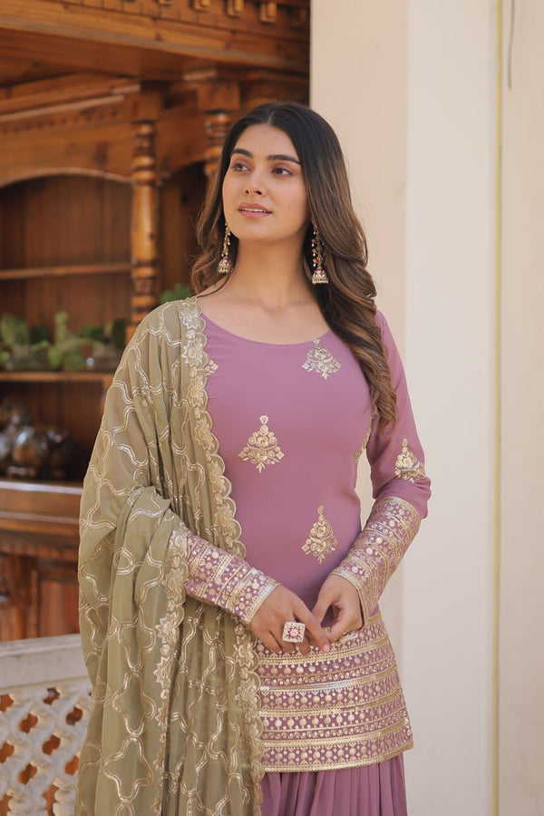 Dusty Lavender Stunning Faux Georgette Kurti-Palazzo-Dupatta Set with Sequin & Thread Embroidery ClothsVilla