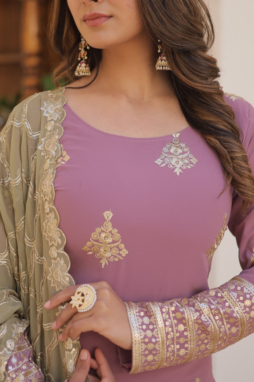 Dusty Lavender Stunning Faux Georgette Kurti-Palazzo-Dupatta Set with Sequin & Thread Embroidery ClothsVilla