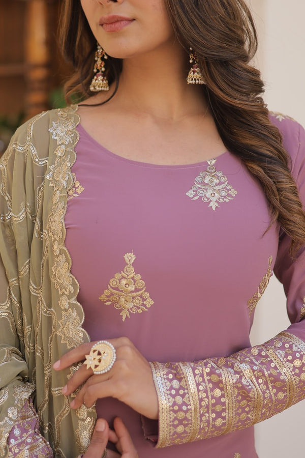 Dusty Lavender Stunning Faux Georgette Kurti-Palazzo-Dupatta Set with Sequin & Thread Embroidery ClothsVilla