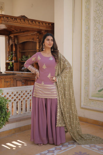 Dusty Lavender Stunning Faux Georgette Kurti-Palazzo-Dupatta Set with Sequin & Thread Embroidery ClothsVilla