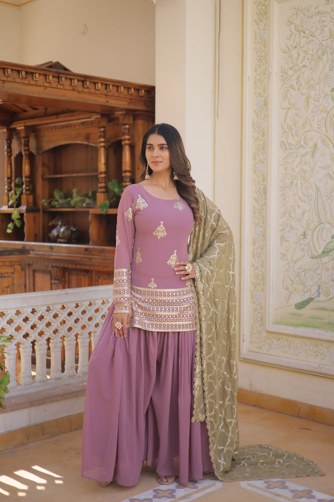 Dusty Lavender Stunning Faux Georgette Kurti-Palazzo-Dupatta Set with Sequin & Thread Embroidery ClothsVilla