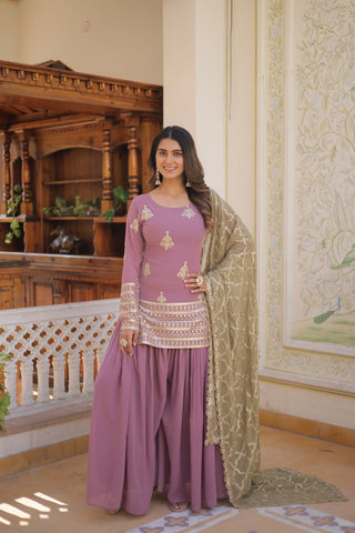 Dusty Lavender Stunning Faux Georgette Kurti-Palazzo-Dupatta Set with Sequin & Thread Embroidery ClothsVilla