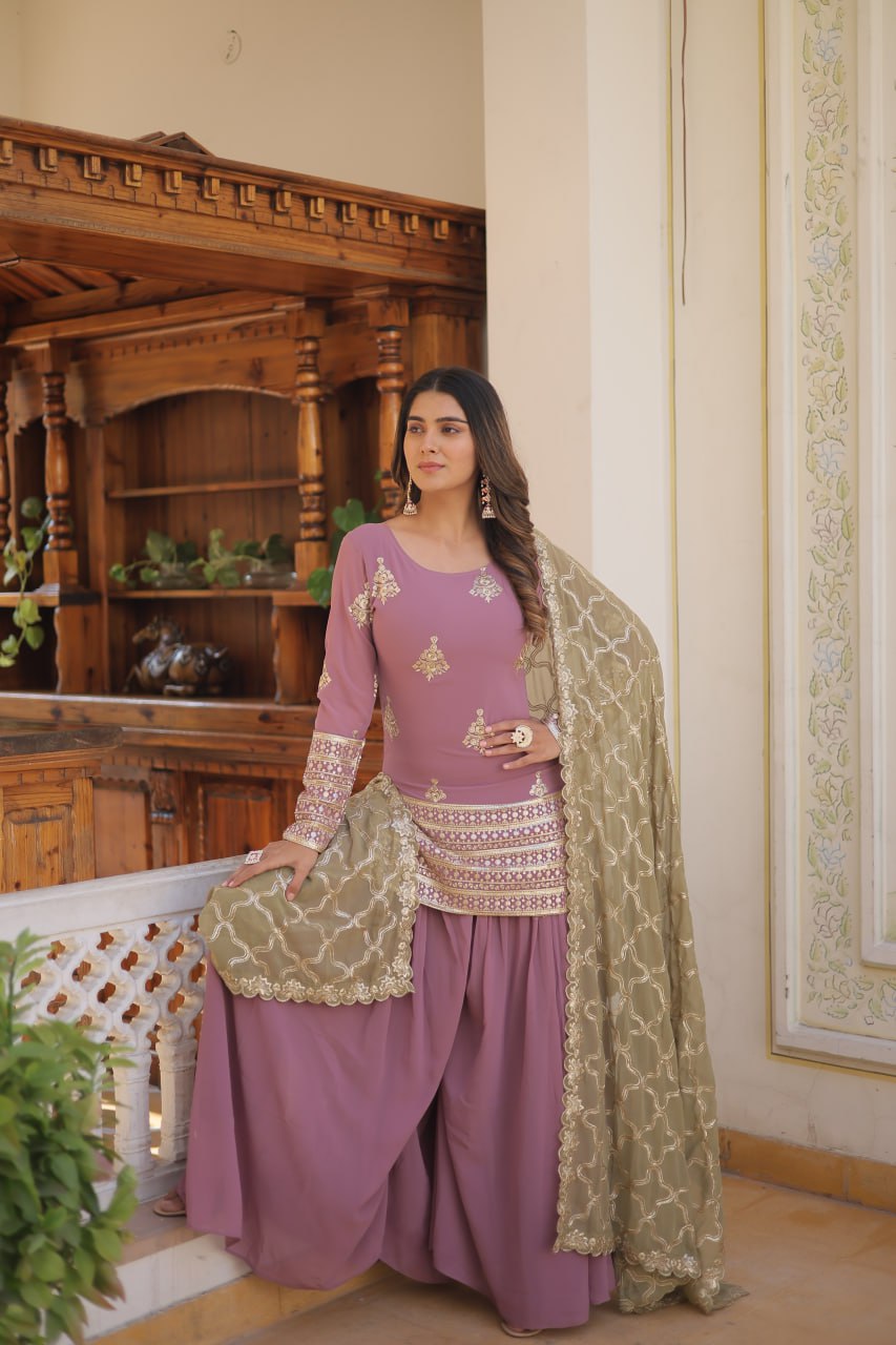 Dusty Lavender Stunning Faux Georgette Kurti-Palazzo-Dupatta Set with Sequin & Thread Embroidery ClothsVilla