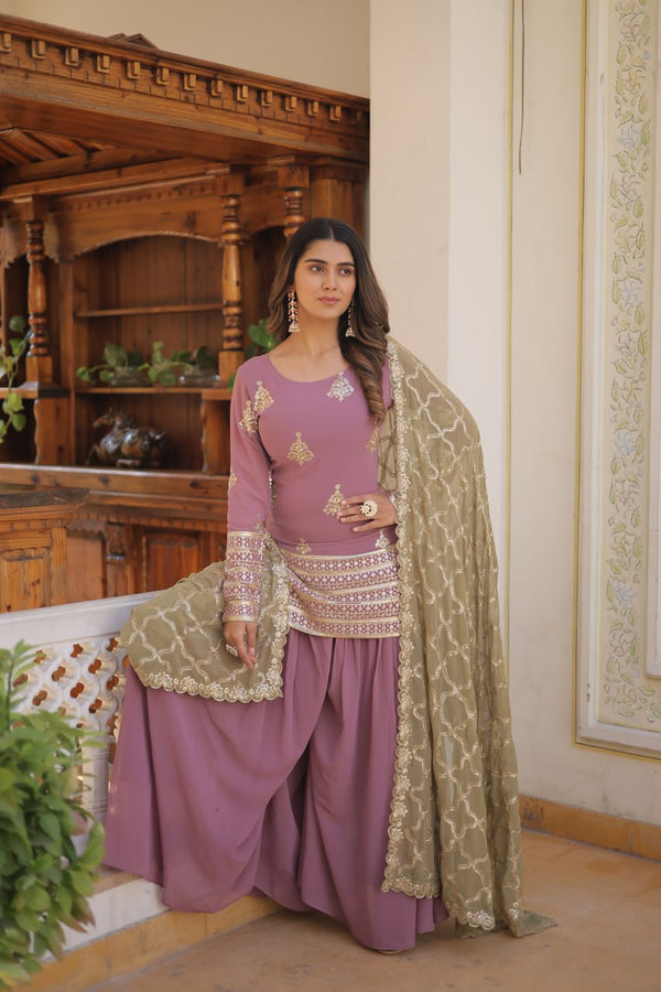Dusty Lavender Stunning Faux Georgette Kurti-Palazzo-Dupatta Set with Sequin & Thread Embroidery ClothsVilla