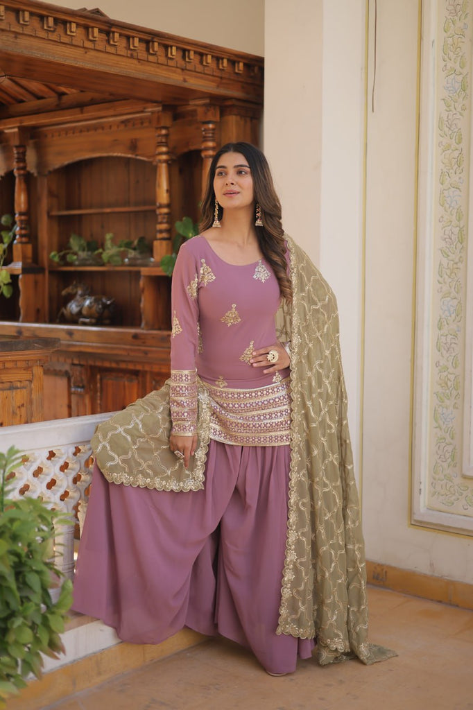 Dusty Lavender Stunning Faux Georgette Kurti-Palazzo-Dupatta Set with Sequin & Thread Embroidery ClothsVilla