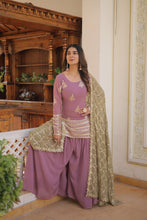 Load image into Gallery viewer, Dusty Lavender Stunning Faux Georgette Kurti-Palazzo-Dupatta Set with Sequin &amp; Thread Embroidery ClothsVilla