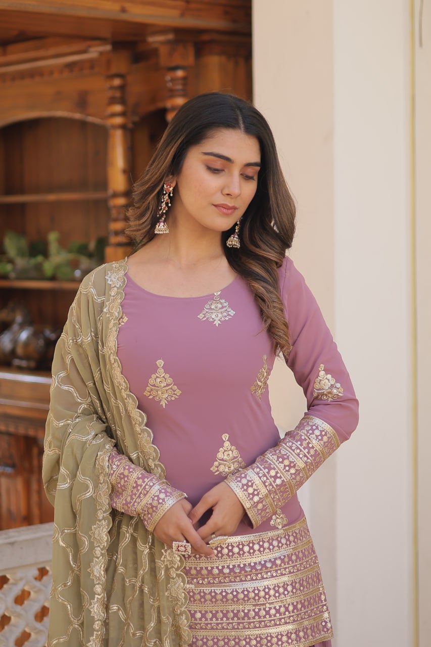 Dusty Lavender Stunning Faux Georgette Kurti-Palazzo-Dupatta Set with Sequin & Thread Embroidery ClothsVilla