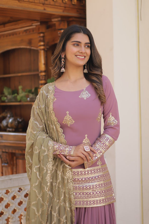 Dusty Lavender Stunning Faux Georgette Kurti-Palazzo-Dupatta Set with Sequin & Thread Embroidery ClothsVilla