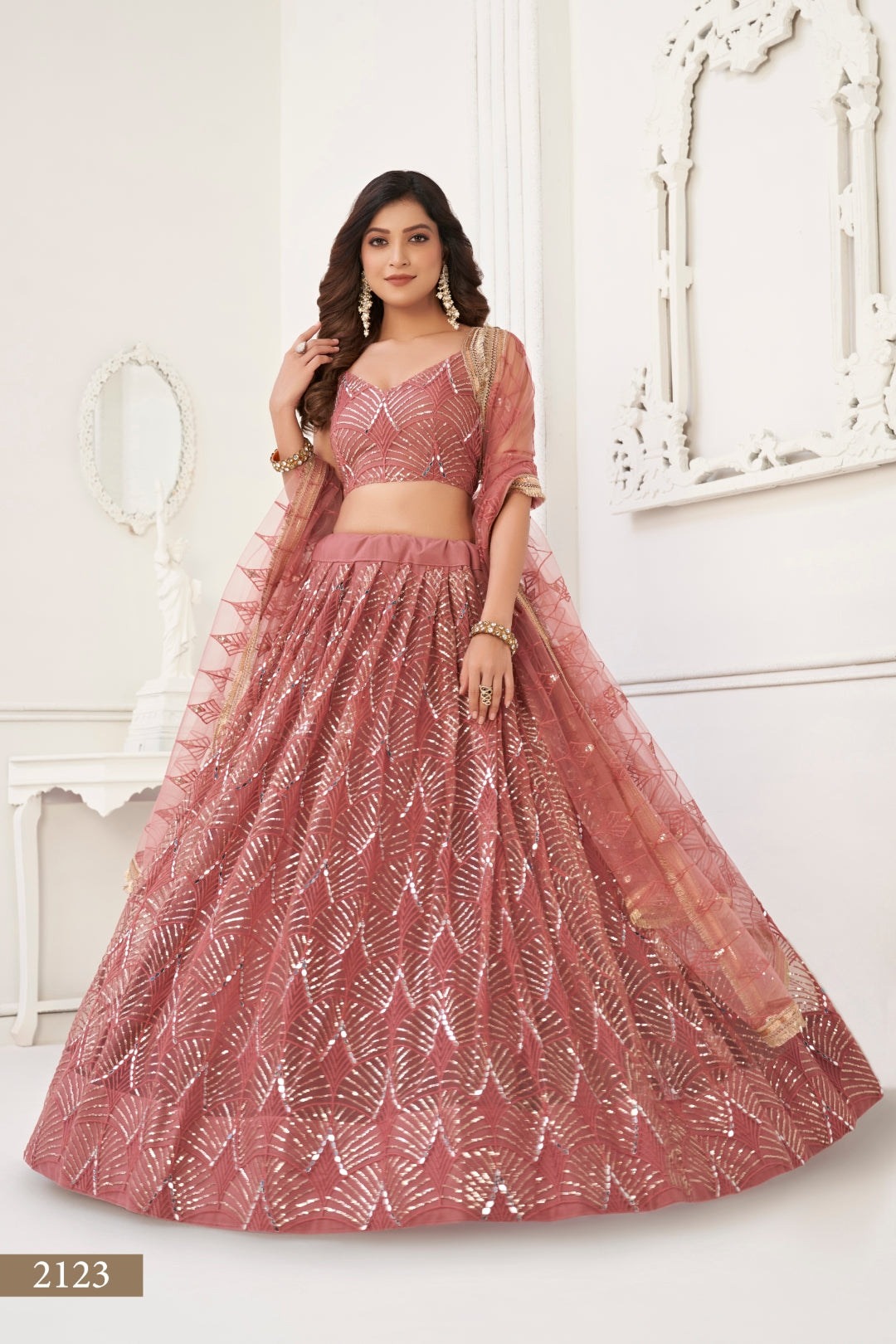 Dusty Onion Pink Butterfly Net Lehenga with Tone-to-Tone Thread Work and Mirror Embroidery ClothsVilla