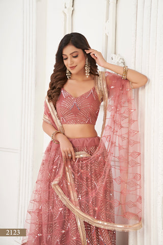 Dusty Onion Pink Butterfly Net Lehenga with Tone-to-Tone Thread Work and Mirror Embroidery ClothsVilla