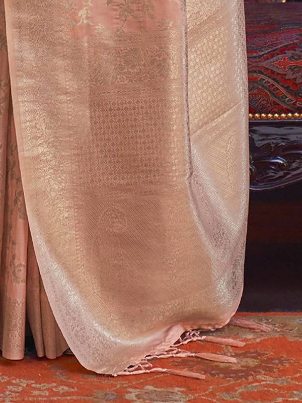 Dusty Orange Banarasi Silk Blend Saree with Bidri Work & Zari Buta – Gold Accents & Tassel Detailing ClothsVilla