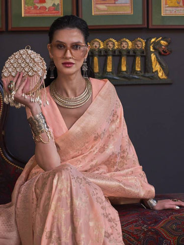 Dusty Orange Banarasi Silk Blend Saree with Bidri Work & Zari Buta – Gold Accents & Tassel Detailing ClothsVilla