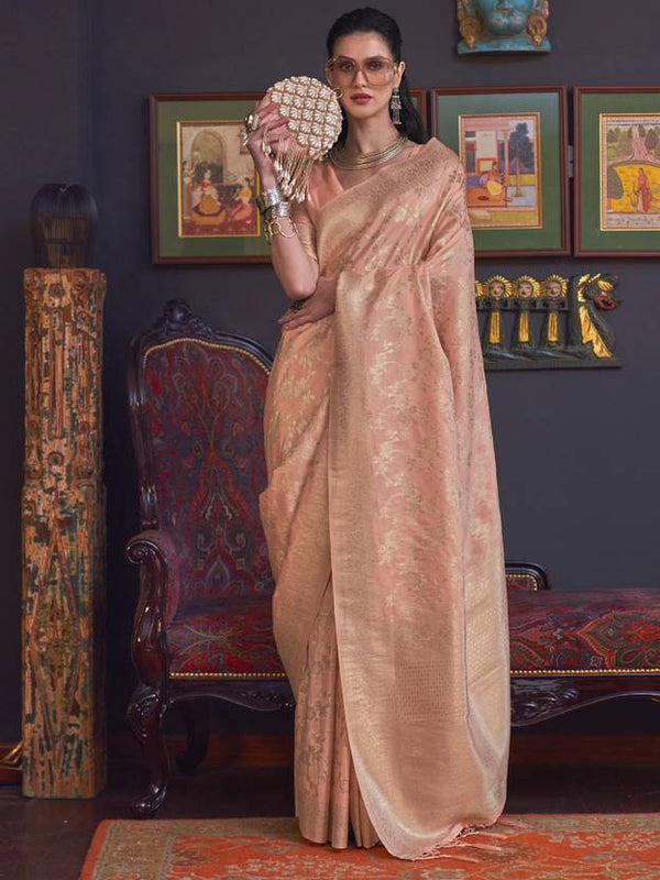 Dusty Orange Banarasi Silk Blend Saree with Bidri Work & Zari Buta – Gold Accents & Tassel Detailing ClothsVilla