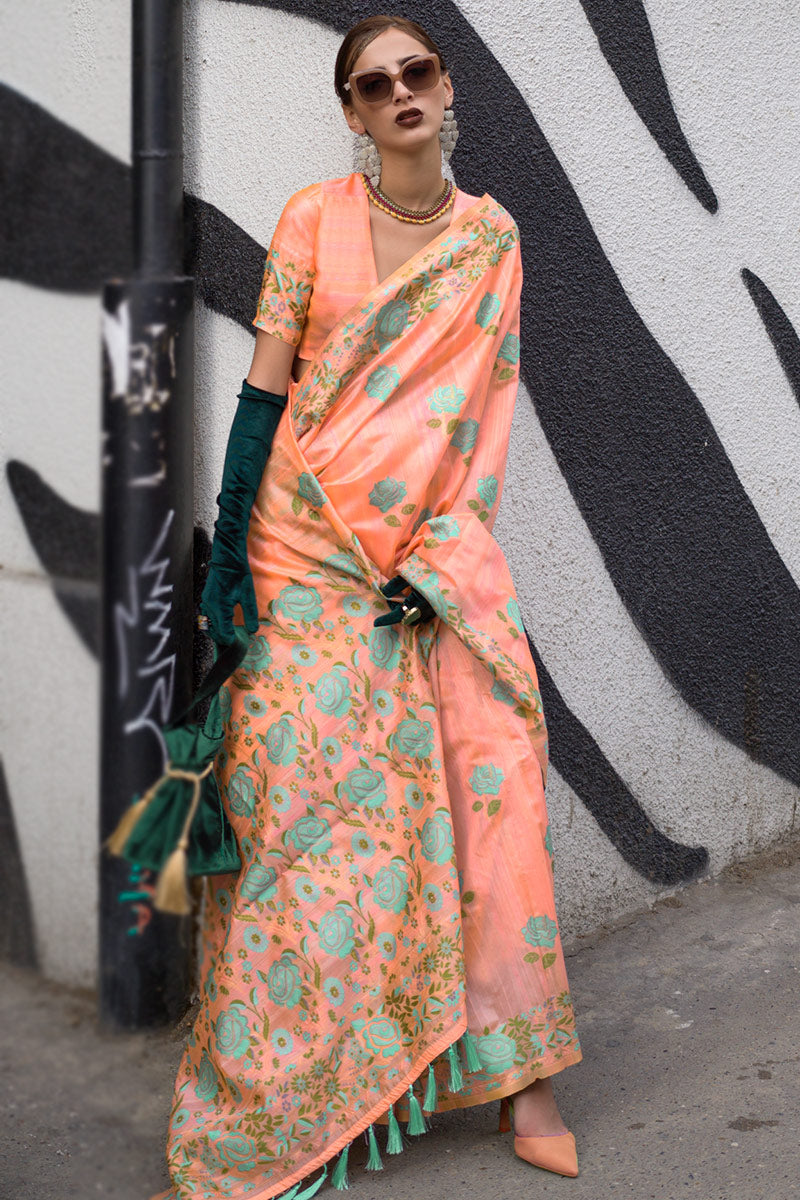 Dusty Orange Banarasi Silk Saree with Zari Kashmiri Weaving  & Unstitched Blouse ClothsVilla