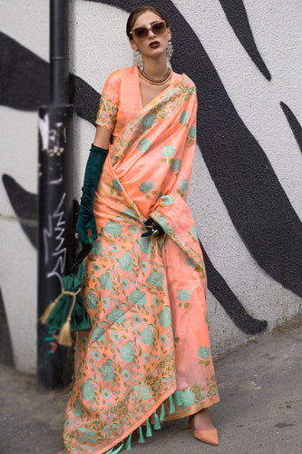 Dusty Orange Banarasi Silk Saree with Zari Kashmiri Weaving  & Unstitched Blouse ClothsVilla