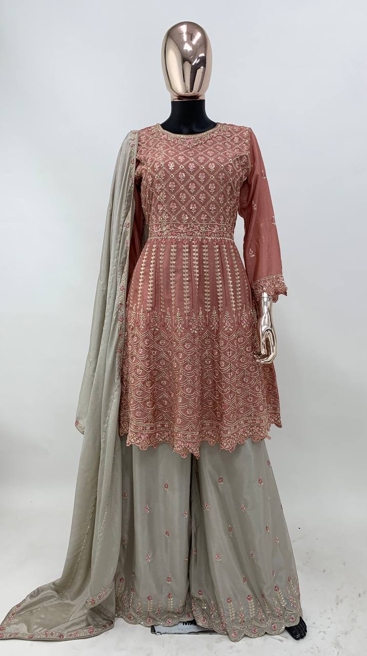 Light Brown Elegant Chinon Embroidered Suit Set with Dupatta ClothsVilla