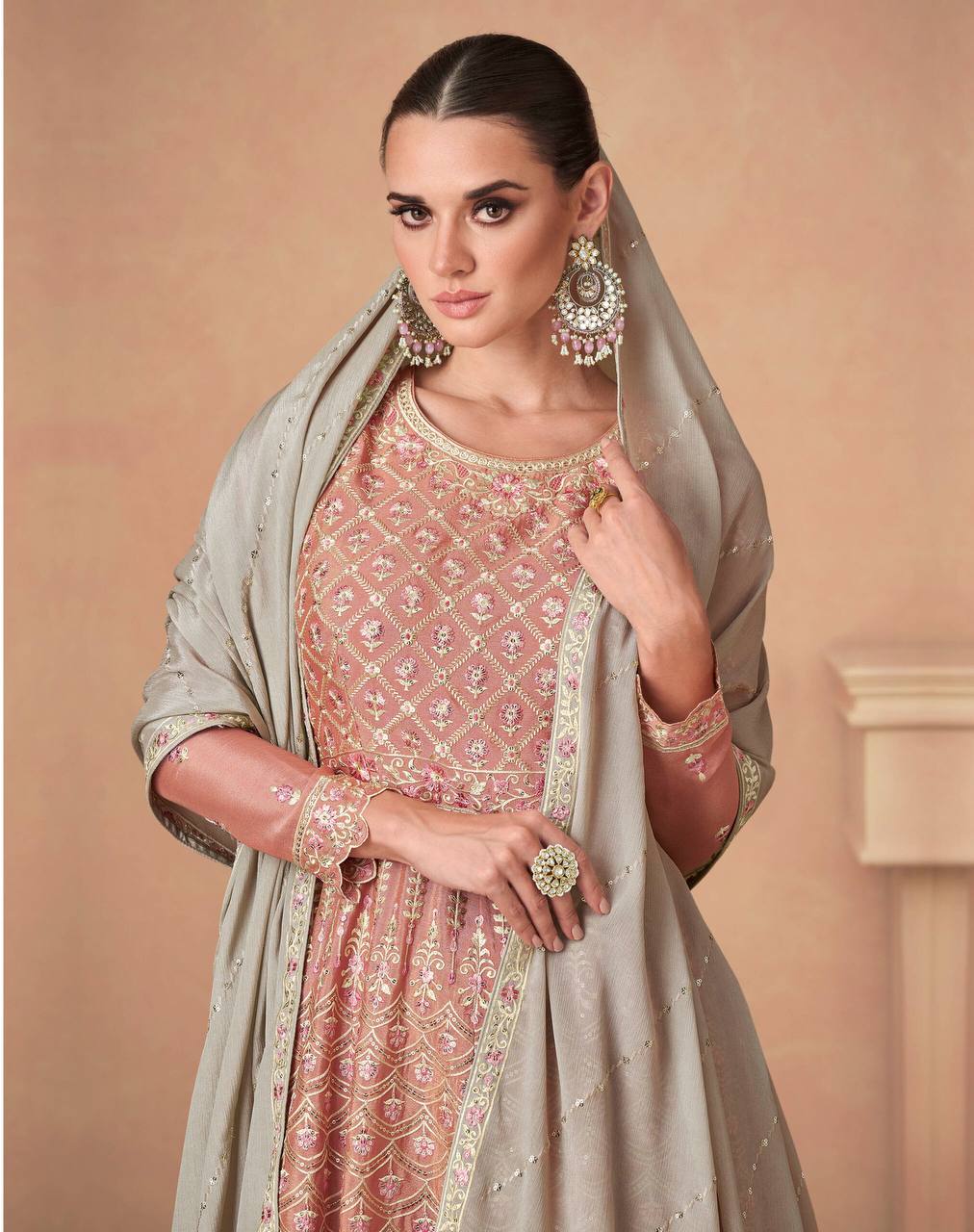 Light Brown Elegant Chinon Embroidered Suit Set with Dupatta ClothsVilla