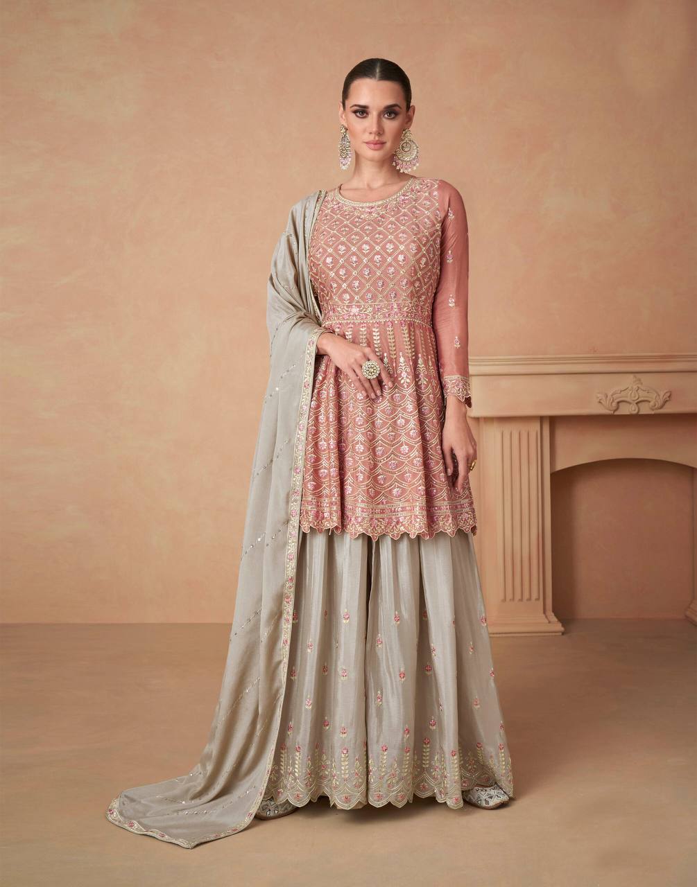 Light Brown Elegant Chinon Embroidered Suit Set with Dupatta ClothsVilla Main image