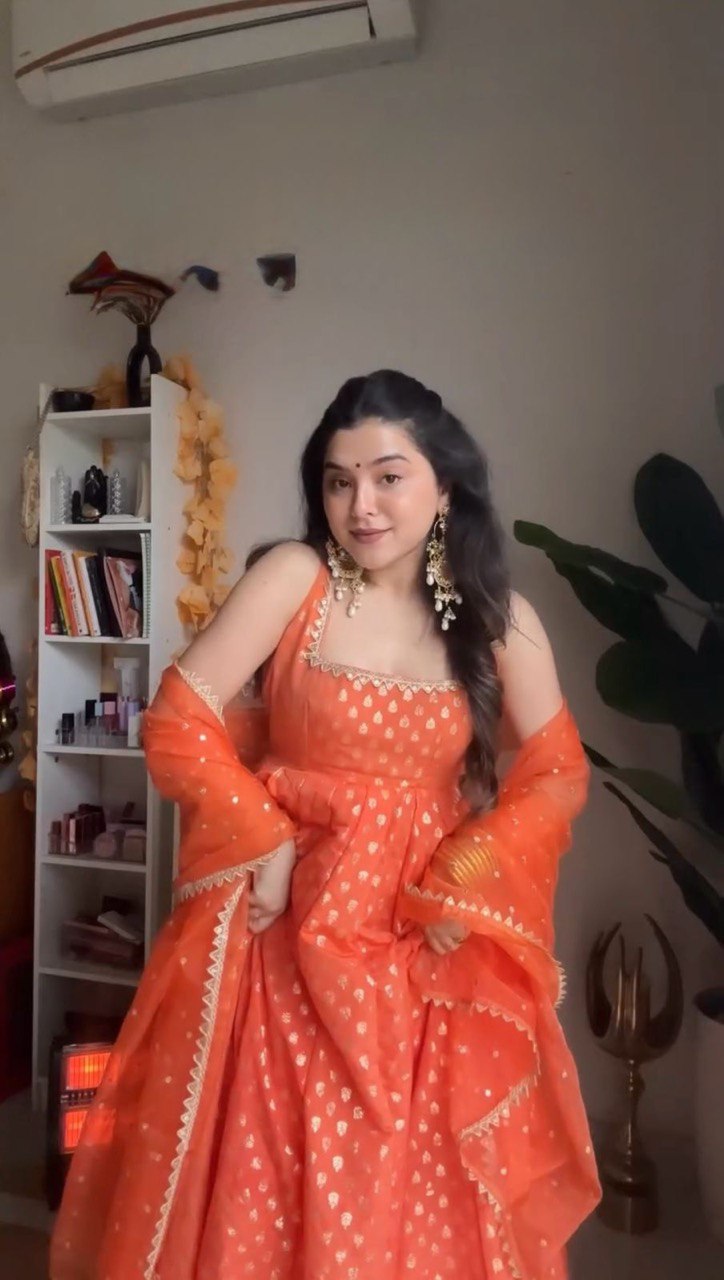 Orange Elegant Jacquard Silk Ensemble