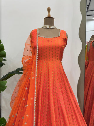 Orange Elegant Jacquard Silk Ensemble