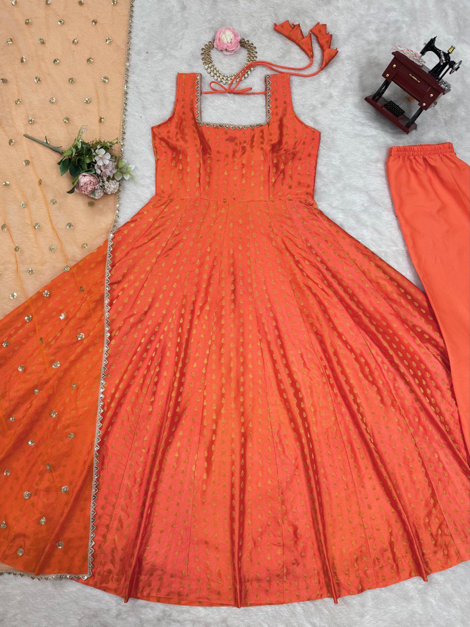 Orange Elegant Jacquard Silk Ensemble