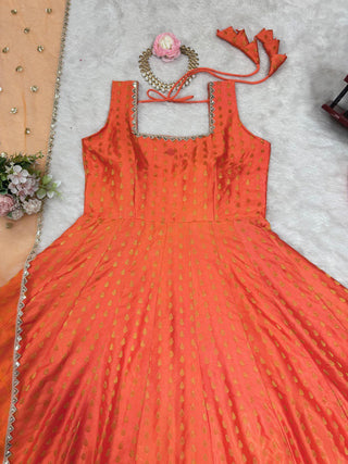 Orange Elegant Jacquard Silk Ensemble