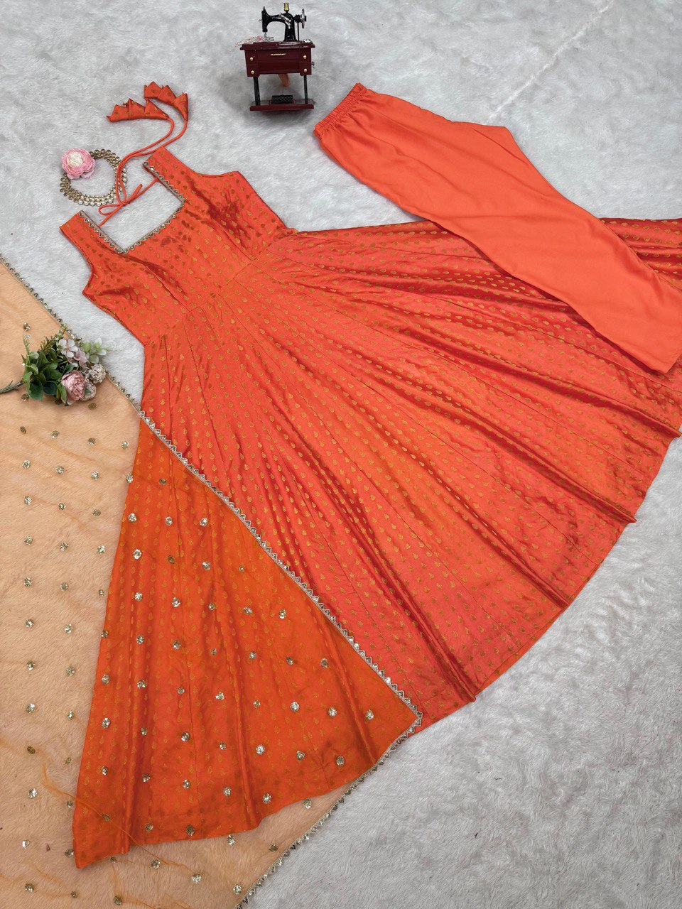 Orange Elegant Jacquard Silk Ensemble