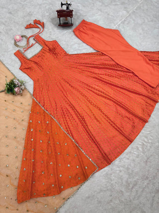 Orange Elegant Jacquard Silk Ensemble