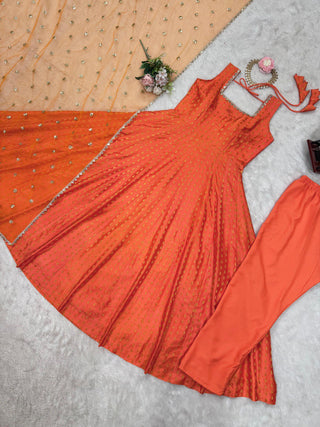 Orange Elegant Jacquard Silk Ensemble