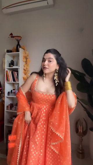 Orange Elegant Jacquard Silk Ensemble