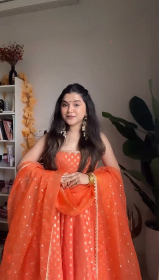 Orange Elegant Jacquard Silk Ensemble