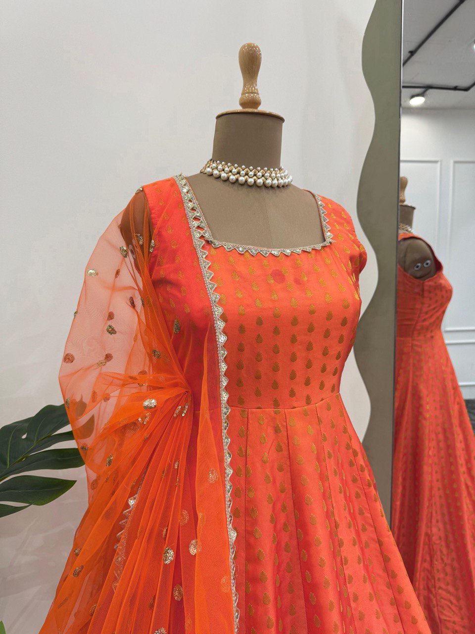 Orange Elegant Jacquard Silk Ensemble