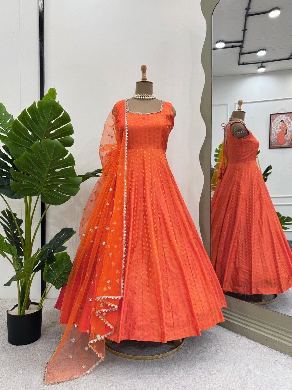 Orange Elegant Jacquard Silk Ensemble
